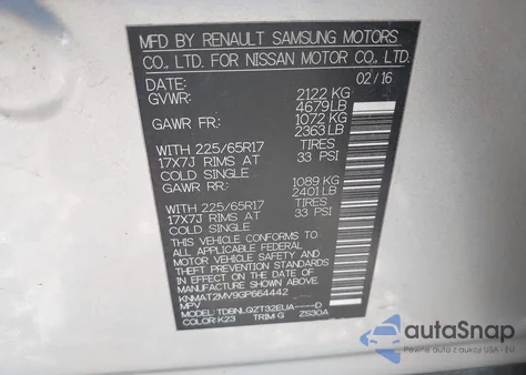 2016 Nissan Rogue Sv z USA, uszkodzony, nr VIN KNMAT2MV9GP664442